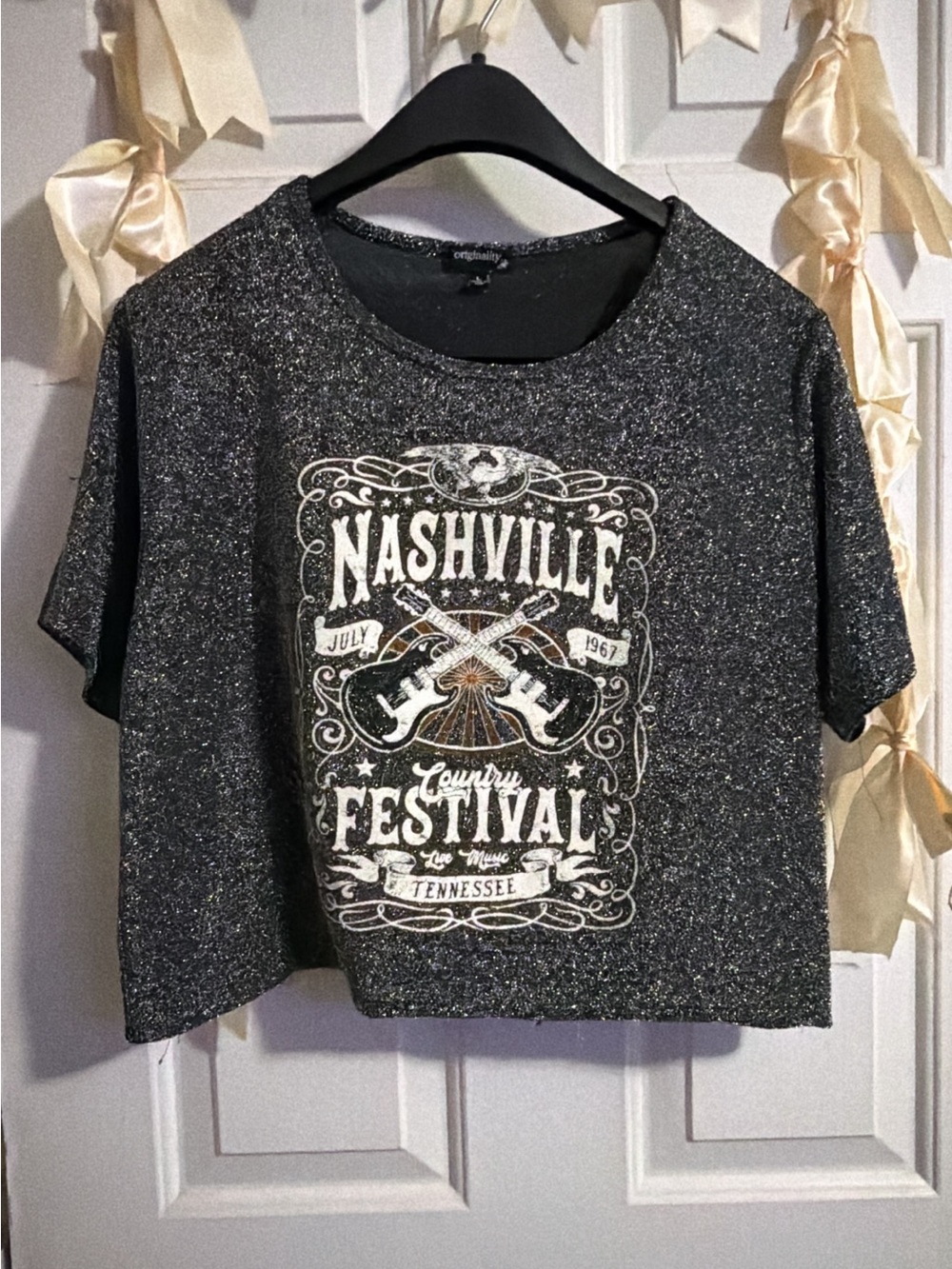 Nashville Festival Glitter Crop Tee - Black & Silver Graphic